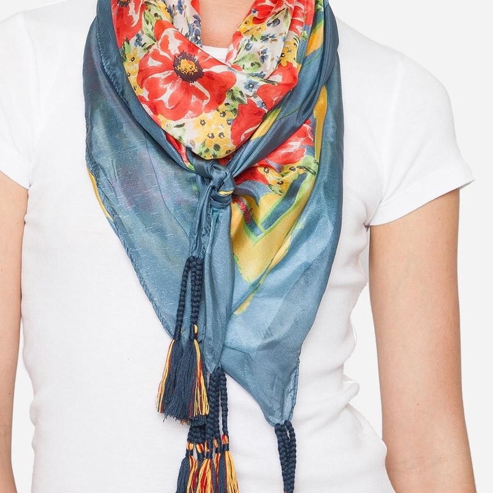 johnny was scarf tassels 
BLUE FLORAL SILK SCARF